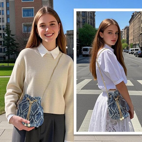 Blue Denim Purses for Women, Jean Bucket Bags, Crossbody Hobo Drawstring Handbag - Picture 7 of 7